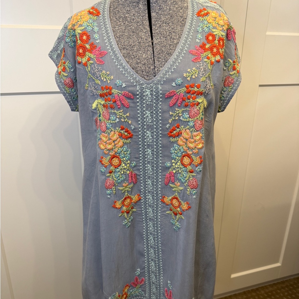 Johnny Was Lavender Embroidered Floral Mini Dress with Orange and Yellow Accents - Picture 4 of 13